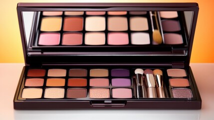 A makeup palette with a brush and lipstick on top of it, AI