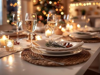 Fototapeta premium Tabletop decorated for dinner party, warm lighting, high detail, inviting