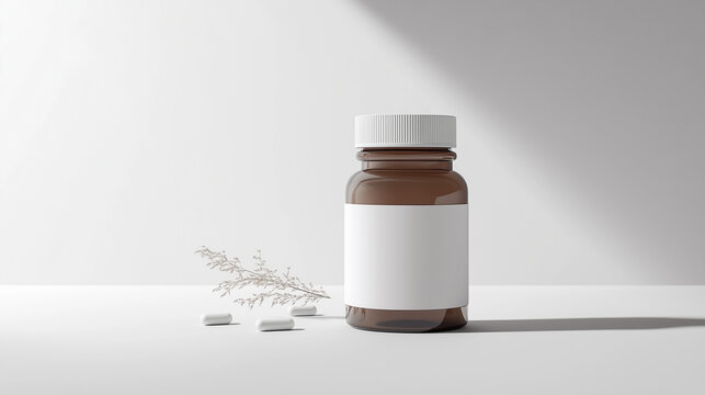 Sleek Pill Bottle Mockup with Capsules and Subtle Decor on Clinical White Background