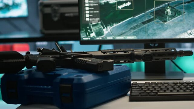 Weapons on table in empty control center housing operational missile defense system designed to intercept ballistic threats. Close up of guns in army headquarters used for tracking rockets with radar