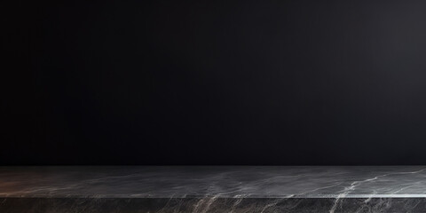 Empty table marble black counter top on black wall background