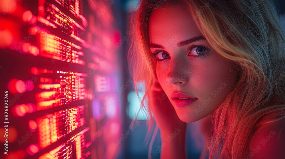Poster businesswoman analyzing data on computer screen in futuristic office setting with illuminated code p