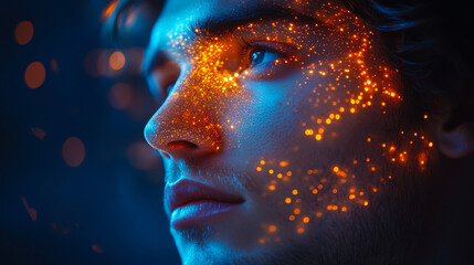 Portrait of Man with Neon Network Nodes Highlighting Face Against Dark Blue Background, Artificial Intelligence and Technology Concept
