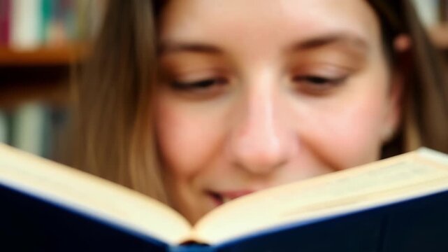Young woman is enjoying a fiction book in the library, her expression reflecting the joy and entertainment the story brings her