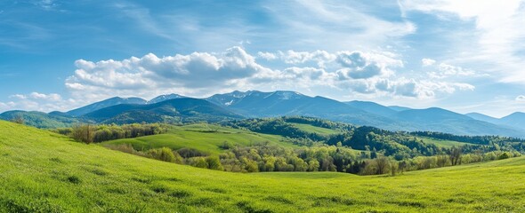 Panoramic view of the mountain range in spring, with lush green grass on rolling hills and distant mountains, providing ample space for text.