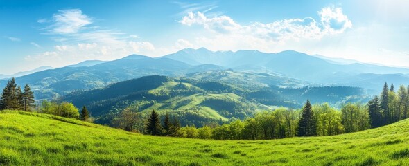 Obraz premium Panoramic view of the mountain range in spring, with lush green grass on rolling hills and distant mountains, providing ample space for text.