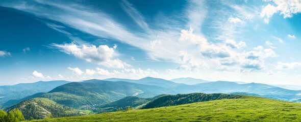 Fototapeta premium Panoramic view of the mountain range in spring, with lush green grass on rolling hills and distant mountains, providing ample space for text.