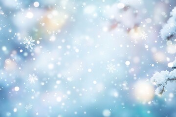 Fototapeta premium Dreamy winter scene with blurred snowflakes, pastel blue and white hues, bohemian style, and sparkling glitter, perfect for large canvas prints.