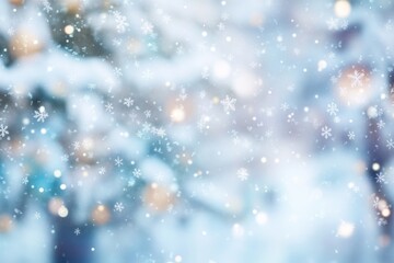 Obraz premium Dreamy winter scene with blurred snowflakes, pastel blue and white hues, bohemian style, and sparkling glitter, perfect for large canvas prints.