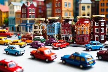 A collection of toy cars displayed on a table