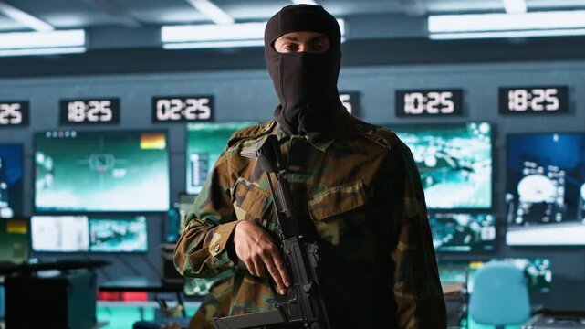 Terrorist occupying enemy base of operations, conducting guerilla warfare. Rebel forces hijacker with firearm in hidden war room starting offensive against opponents, camera A