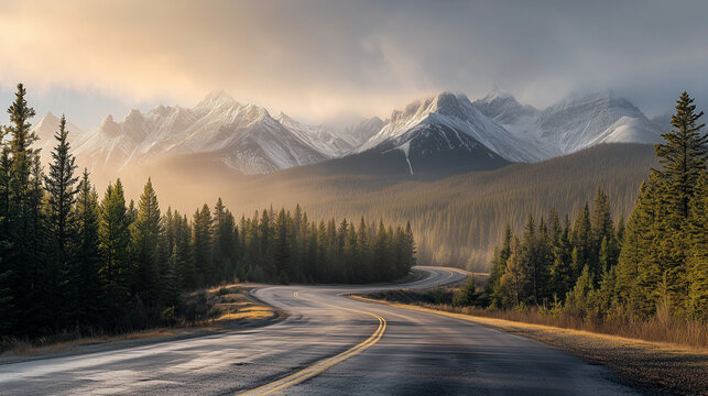 A wide-angle photograph of a winding highway, stretching towards majestic snow-capped mountains