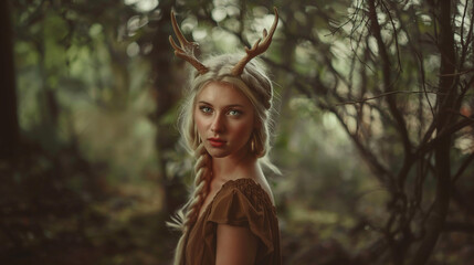 Faun woman with antlers in a forest.