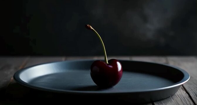 a single, juicy cherry resting on a slate-gray pie plate, set against a dark.