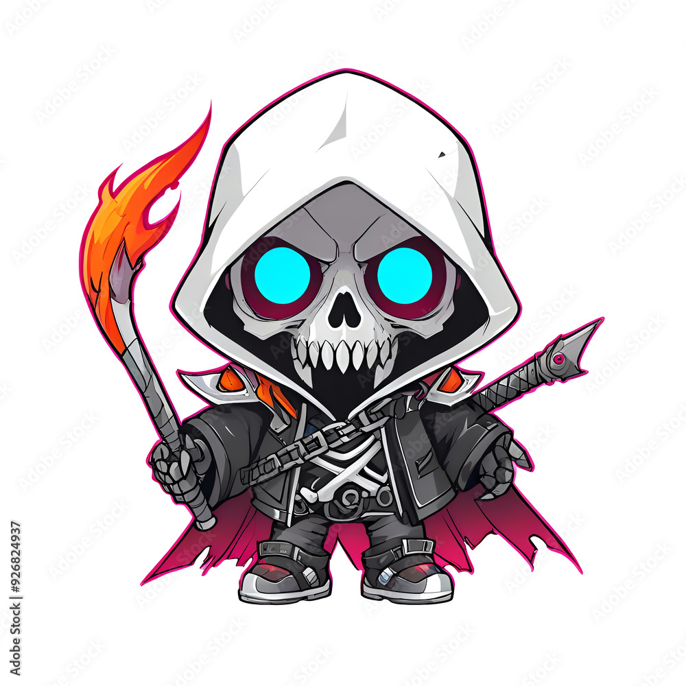 Poster a cartoonish skeleton with a white hood and a sword