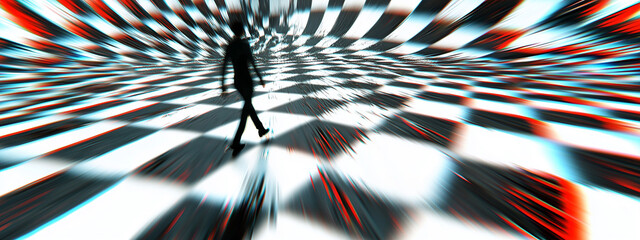 Amid a hypnotic cacophony of light and movement, a lone silhouette crosses street on crosswalk in the pulsing, kaleidoscopic cityscape © Pink Badger