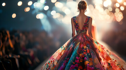 A model walking down a runway in a flowing, floral gown, with audience and lights in soft focus