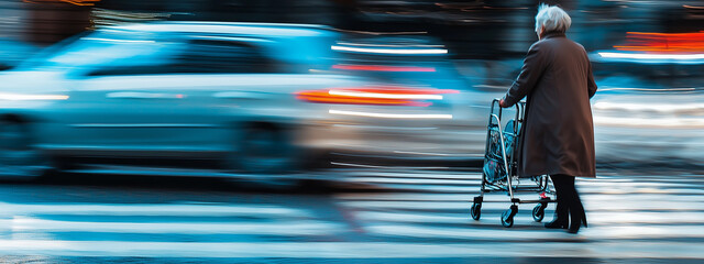 A startled elderly lady pedestrian with walking frame in danger of being hit by car at crosswalk.
