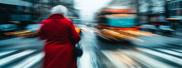 A startled elderly lady pedestrian in danger of being hit by bus at crosswalk. © Pink Badger