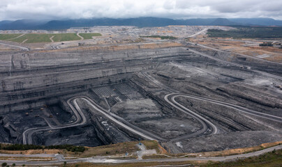 Aerial view of an open cut coal mine in the  Hunter valley area of New South Wales, Australia.