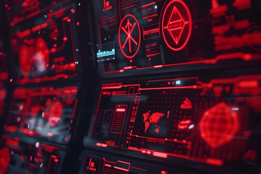 A dramatic scene of a cyber attack being thwarted, with red warning symbols and security breach alerts on multiple screens