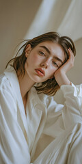 Fototapeta premium Gloomy woman resting head on hand