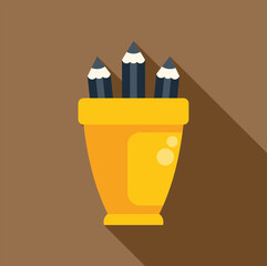 Three pencils are standing upright in a yellow container, casting a long shadow