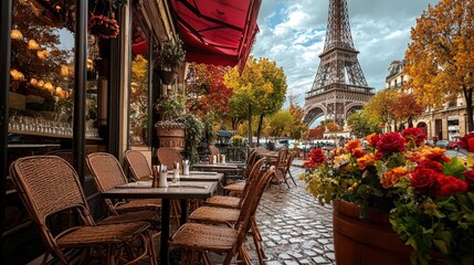 Parisian Cafe with Eiffel Tower View.