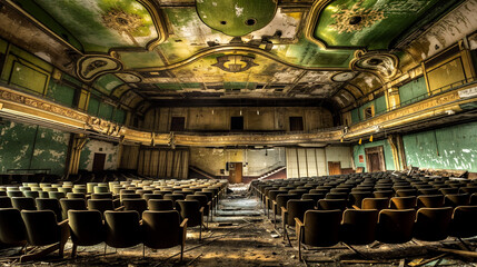 Fototapeta premium Abandoned Theater, captured in a decaying grandeur in the early evening light of a golden sunlight 