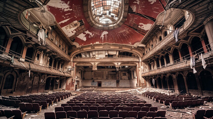 Obraz premium Abandoned Theater, captured in a decaying grandeur in the early evening light of a golden sunlight 