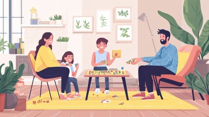 Family playing board game together at home.