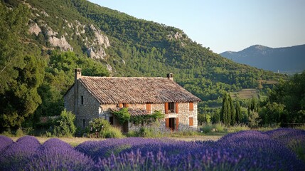 Obraz premium Stone Cottage in a Lavender Field.