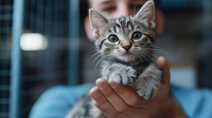 Close-up of male volunteer holds on hands cat in shelter. Shelter for animals concept ,Pet adoption concept