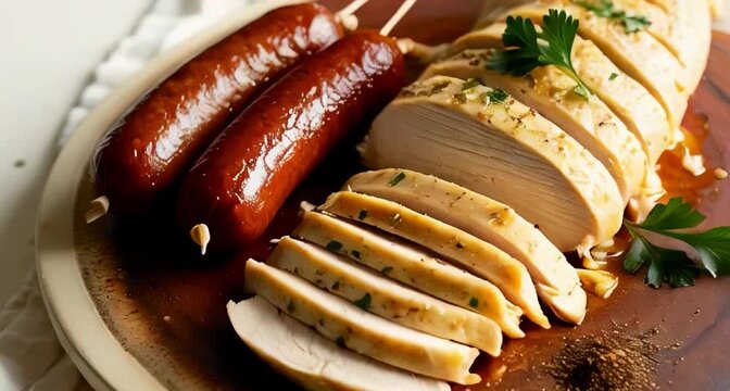 expertly plated creamy chicken shawarma and two perfectly grilled sausages, sliced to reveal their succulent interiors.