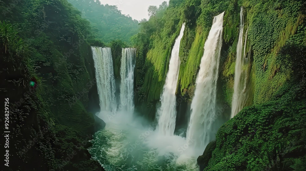 Canvas Prints lush green waterfall in a tropical jungle.