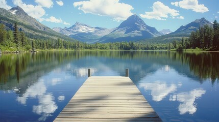 Wooden dock leading to a serene mountain lake.