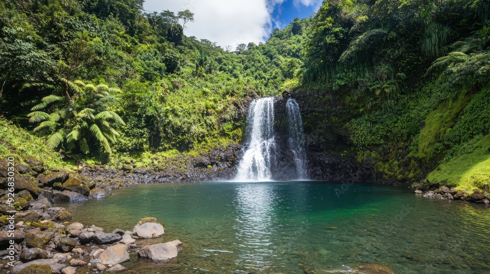 Sticker lush rainforest waterfall in the caribbean.