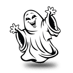 Halloween template of dancing merrily apparition. Funny ghost for halloween decoration. Vector on transparent background