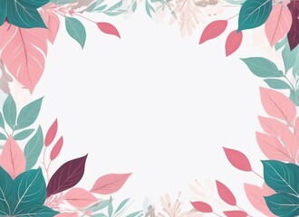 Obraz premium Elegant Floral Border Design with Teal Green and Pink Leaves on a Light Background with Copy Space