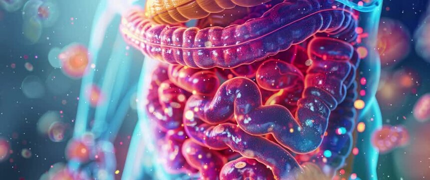 Anamorphic video of the anatomy of human digestive system. Nutrient absorption a detailed exploration of the human digestive system.