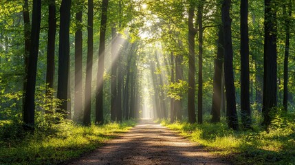Fototapeta premium Sun Rays Through Forest Trees.
