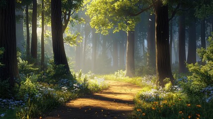 Fototapeta premium Sunlit Path Through a Misty Forest.