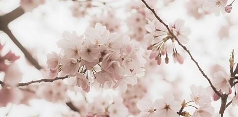 Detailed close-up of cherry blossom branches, showcasing the soft pink petals and natural beauty of these springtime flowers
