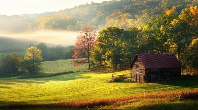 Rural Cabin in Autumn Landscape.