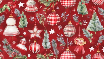 Retro Christmas pattern. Holiday Decor. A seamless pattern of vintage Christmas trees, toys. Graphic art illustration. Red print background