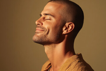 A close up of a man's face with her eyes closed