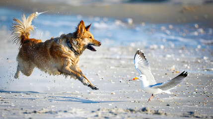 Energetic and playful dog running and chasing after a gull bird along the scenic sandy beach shore  The dog is in full motion