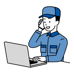 電話をするノートパソコンで仕事をしているつなぎ作業服の男性