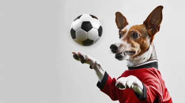 Energetic dog in a red jersey joyfully playing soccer, capturing the spirit of playfulness and athleticism.