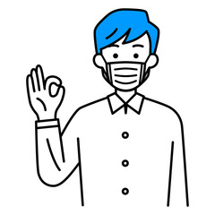 マスクを付けてOKサインをするカジュアルな男性